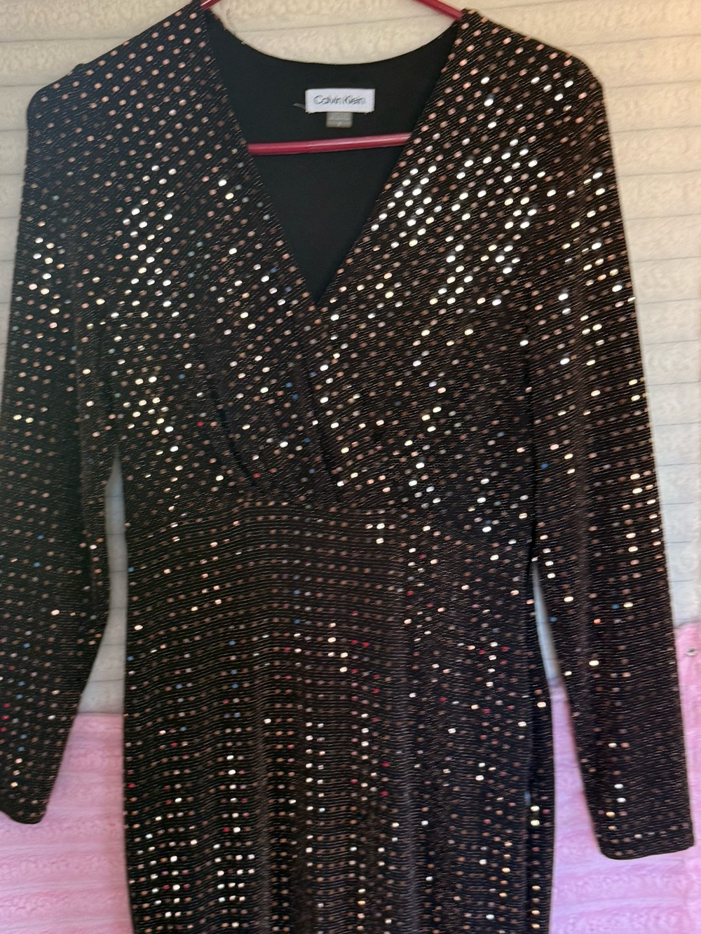 Calvin Klein Black Long-Sleeve Sequin V-Neck Dress